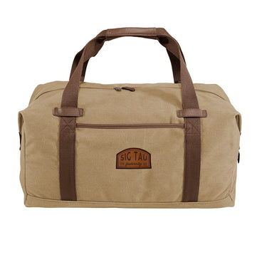 Sig Tau Khaki Canvas Duffel With Leather Patch | Sigma Tau Gamma | Bags > Duffle bags