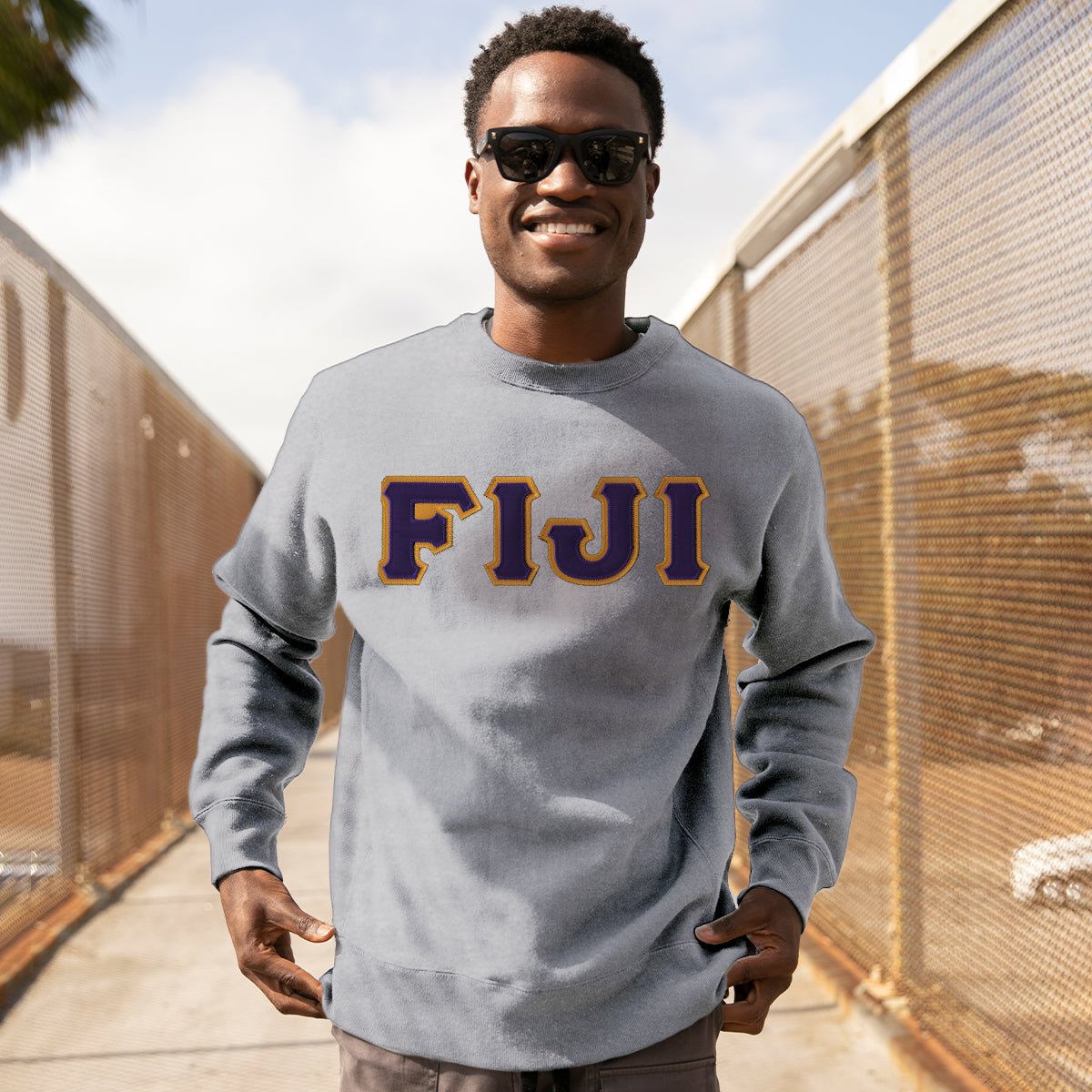 FIJI Heather Gray Crew Neck Sweatshirt with Sewn On Letters