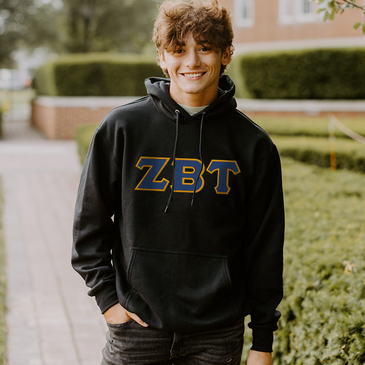 ZBT Black Hoodie with Sewn Campus On Letters Classics Greek –