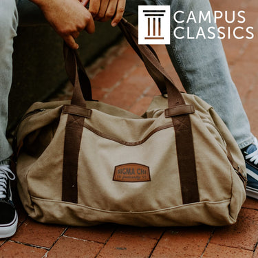 Delt Khaki Canvas Duffel With Leather Patch | Delta Tau Delta | Bags > Duffle bags