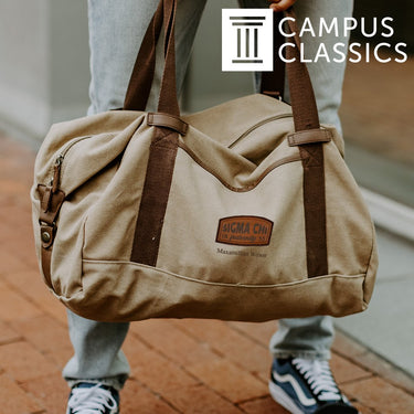 Delt Khaki Canvas Duffel With Leather Patch | Delta Tau Delta | Bags > Duffle bags